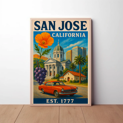 San Jose California Church Grapes Car Vintage Travel Poster