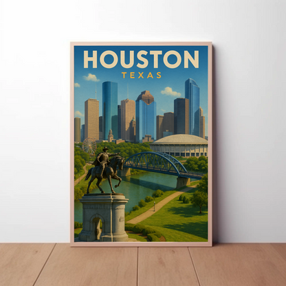 Houston Texas Skyline River Monument Vintage Travel Poster