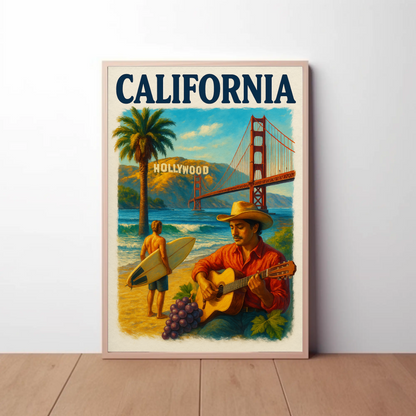 California Surfer Grapes Golden Gate Hollywood Vintage Travel Poster Wall Art
