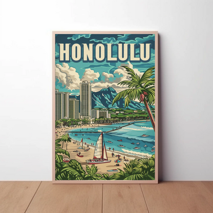 Honolulu Vintage Poster Sailing and Skyscrapers