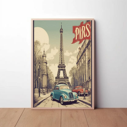 Paris Vintage Poster - Eiffel Tower & Classic Car