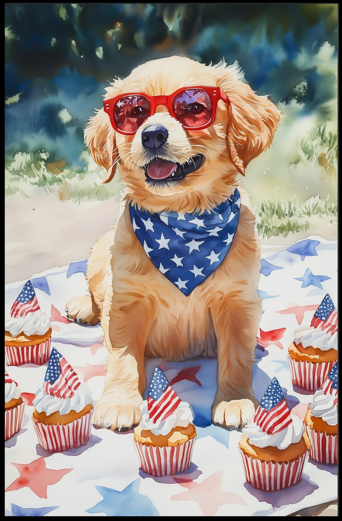 Golden Retriever Puppy Wearing Red Sunglasses Poster