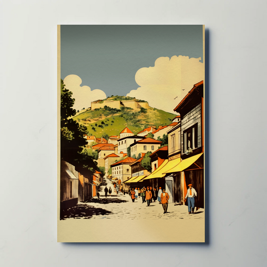 Historic European Hill Fortress Town Market Travel Poster