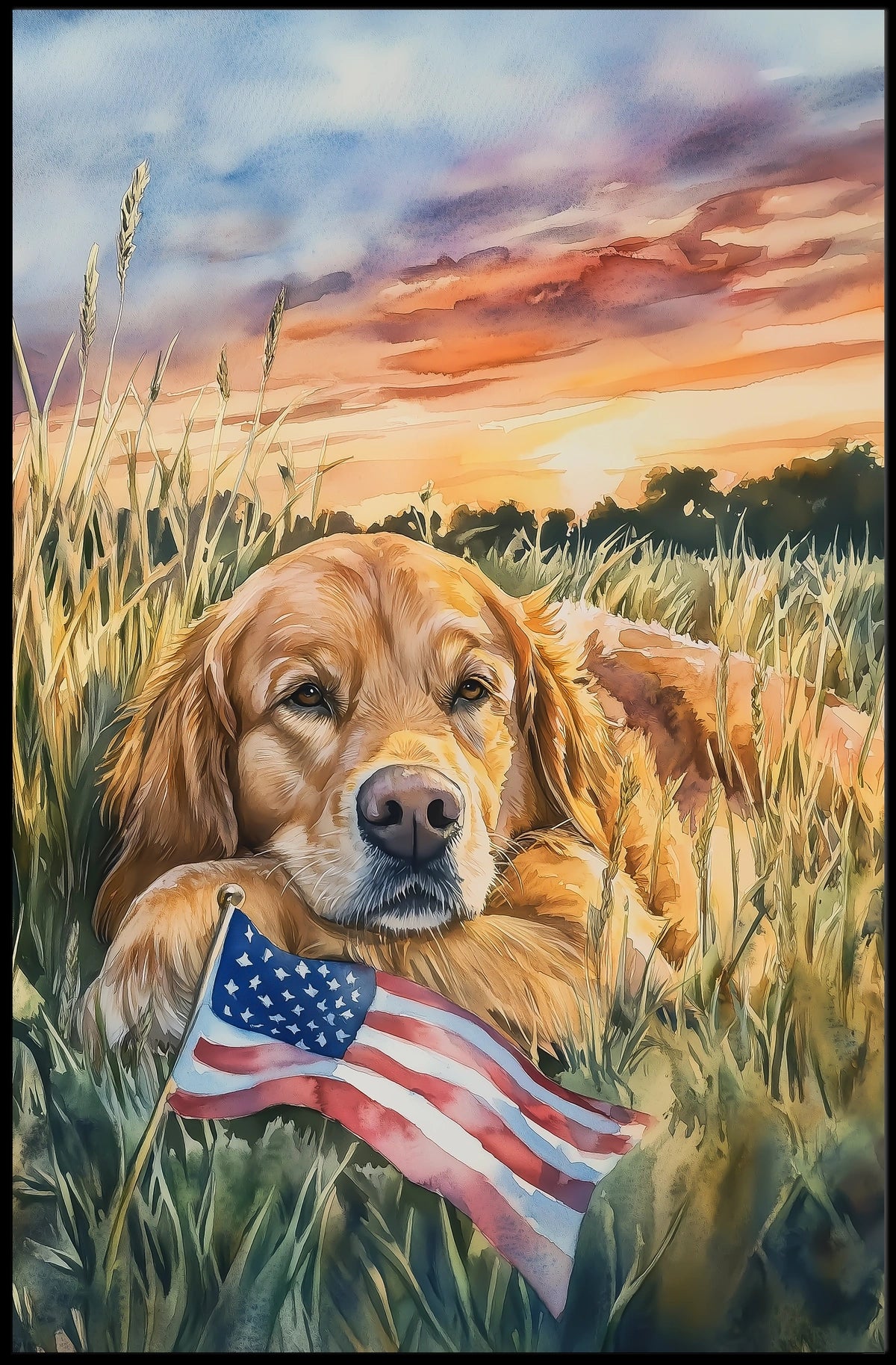 Golden Retriever Resting In Grassy Sunset Field Poster