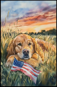 Golden Retriever Resting In Grassy Sunset Field Poster