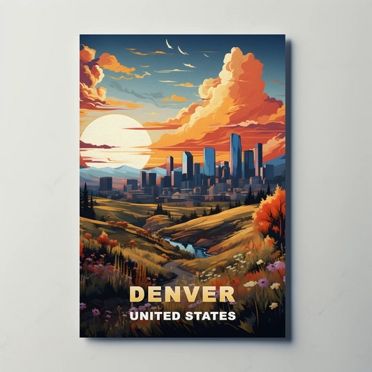 Denver Autumn Meadow Skyline Vintage Travel Poster
