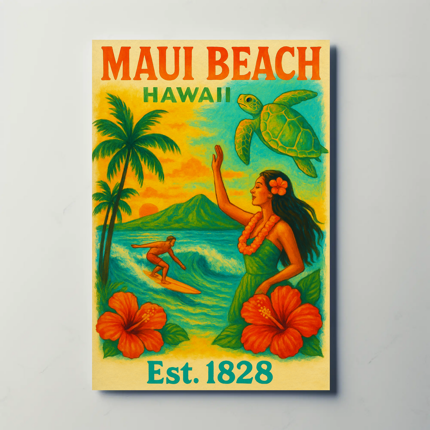 Maui Beach Hawaii Surf Dancer Est 1828 Vintage Travel Poster