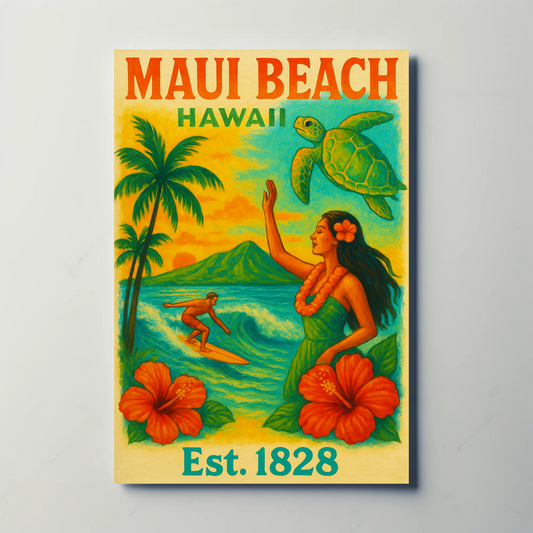 Maui Beach Hawaii Surf Dancer Est 1828 Vintage Travel Poster