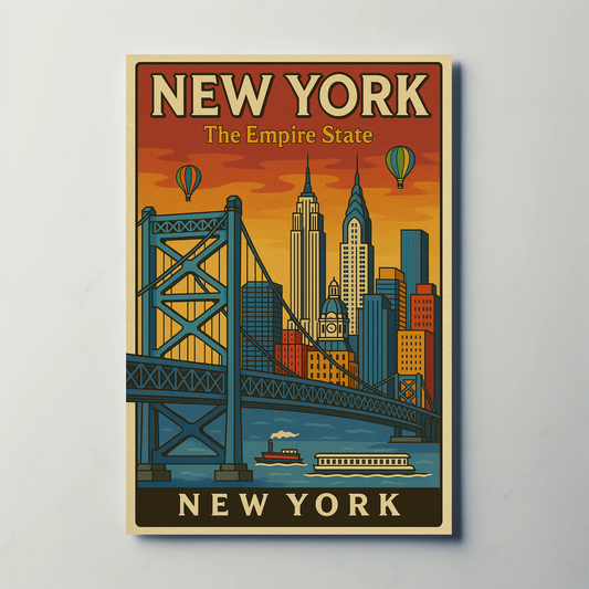 New York Empire State Skyline Bridge Vintage Poster