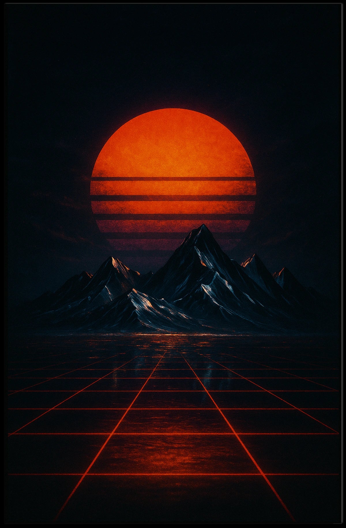 Retro-Futuristic Synthwave Landscape with Glowing Sun - Futuristic Sci-Fi Poster