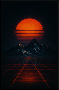 Retro-Futuristic Synthwave Landscape with Glowing Sun - Futuristic Sci-Fi Poster