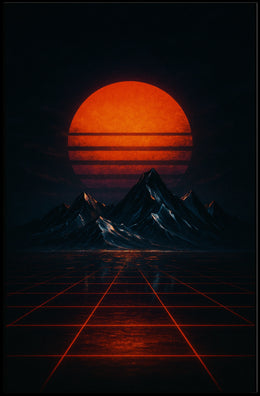 Retro-Futuristic Synthwave Landscape with Glowing Sun - Futuristic Sci-Fi Poster