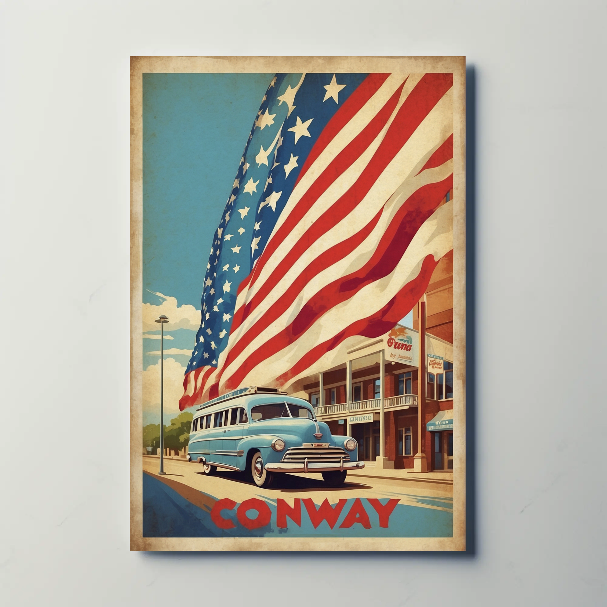 Conway Arkansas Main Street Bus American Flag Vintage Travel Poster