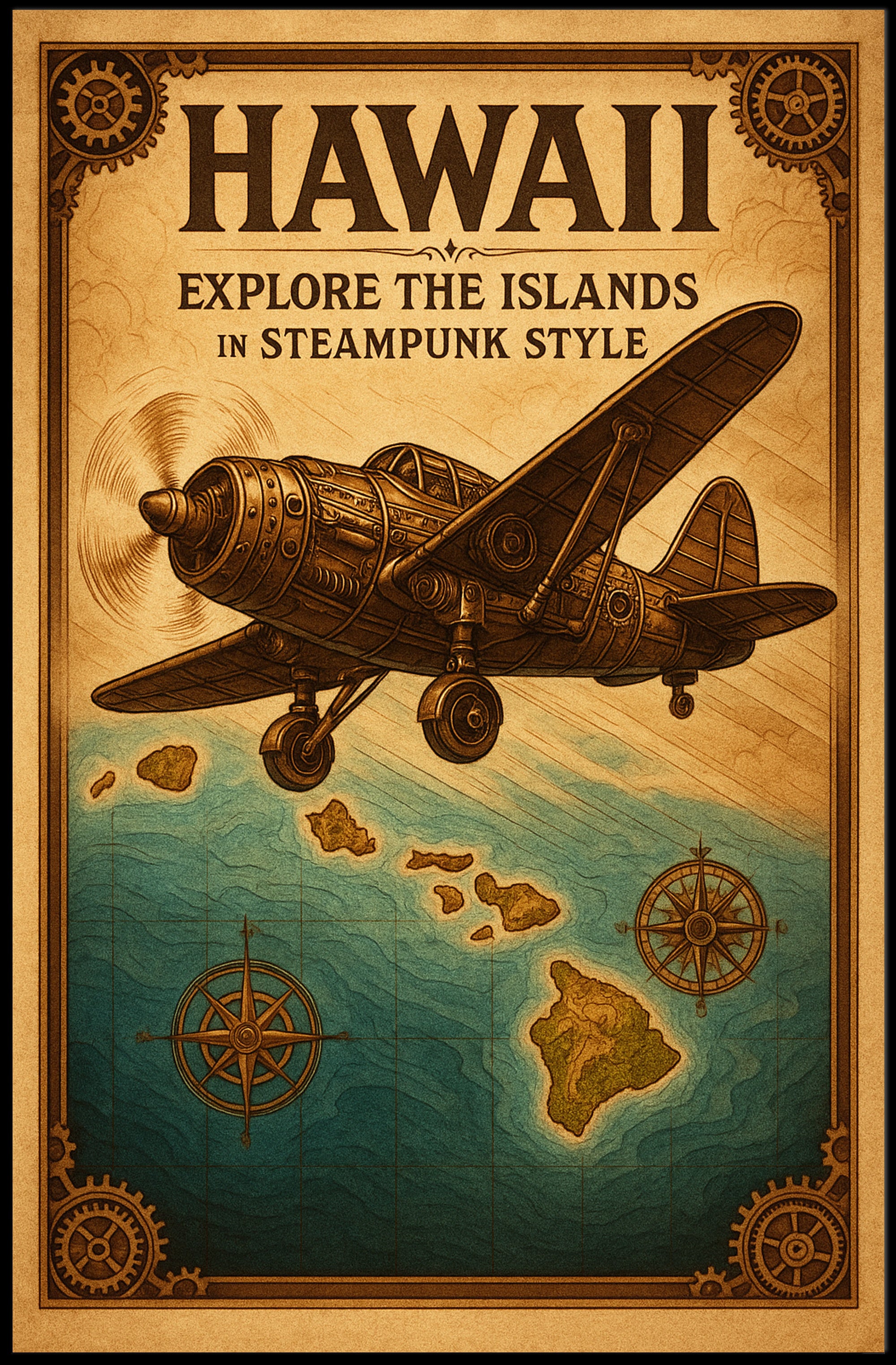Explore Hawaii in Steampunk Style Poster