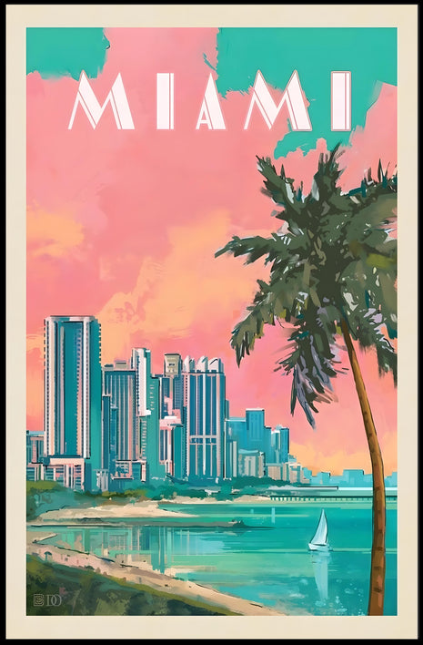 Miami Skyline Tropical Vibes Retro Travel Poster