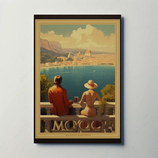 Romantic Coastal City Balcony Couple View Sunset Travel Poster