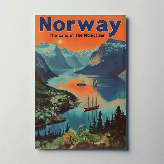 Norway Midnight Sun Fjord Coastline Vintage Travel Poster