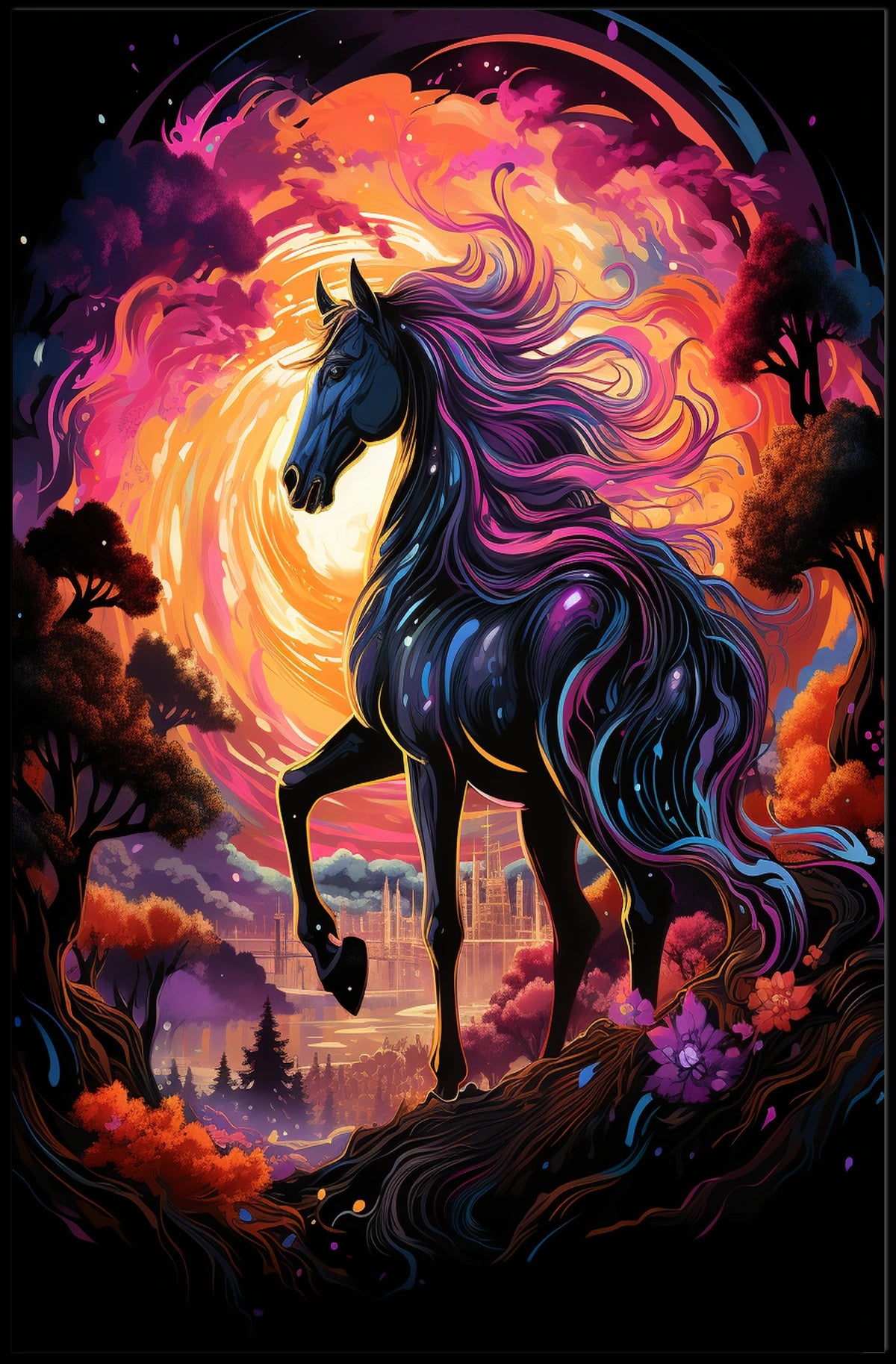 Majestic Fantasy Horse Surreal Sunset Art Poster
