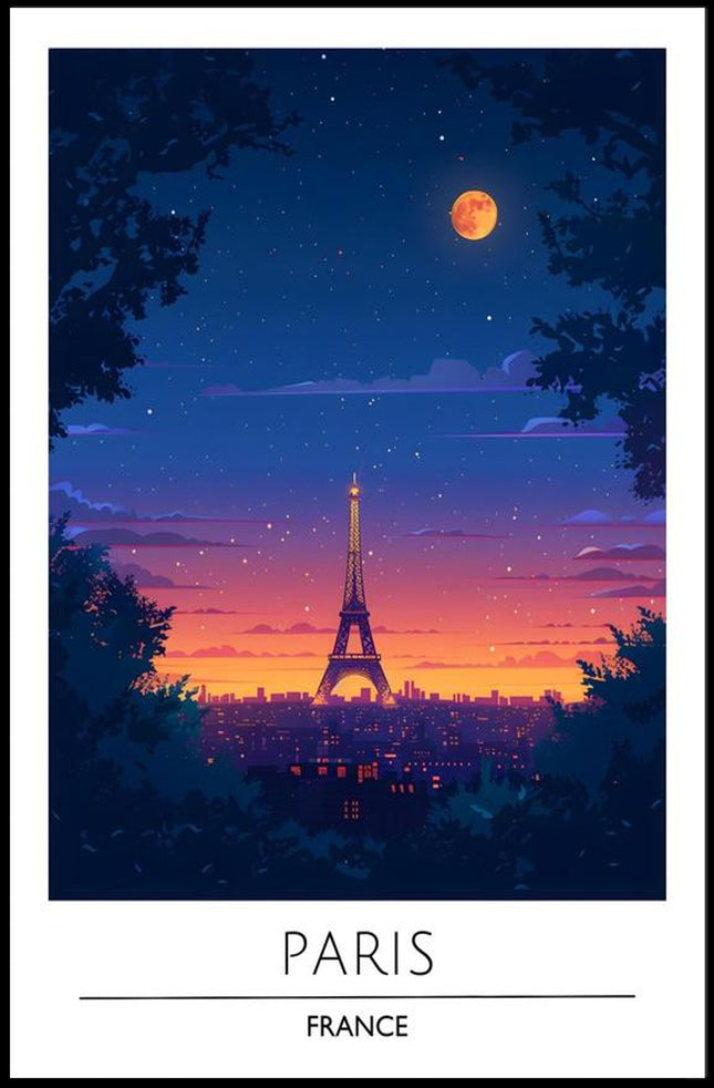 Eiffel Tower Twilight Scene Paris Travel Poster