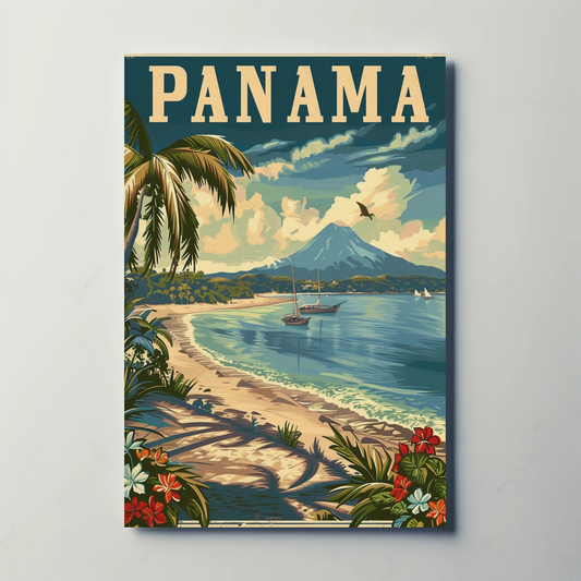 Panama Beach Volcano Sailboats Paradise Travel Poster
