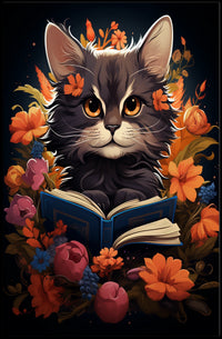 Whimsical Cat Portrait with Vibrant Floral Accents