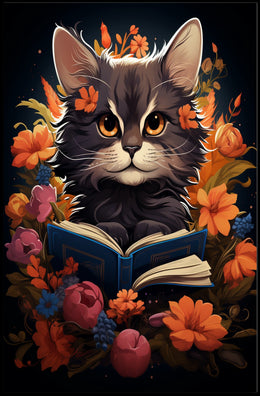 Whimsical Cat Portrait with Vibrant Floral Accents