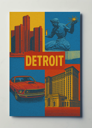 Detroit Landmarks and Muscle Car Cultural Heritage Poster