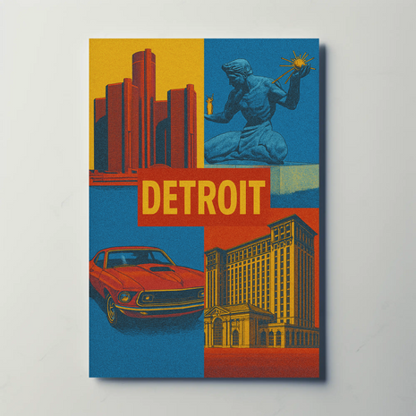 Detroit Landmarks and Muscle Car Cultural Heritage Poster