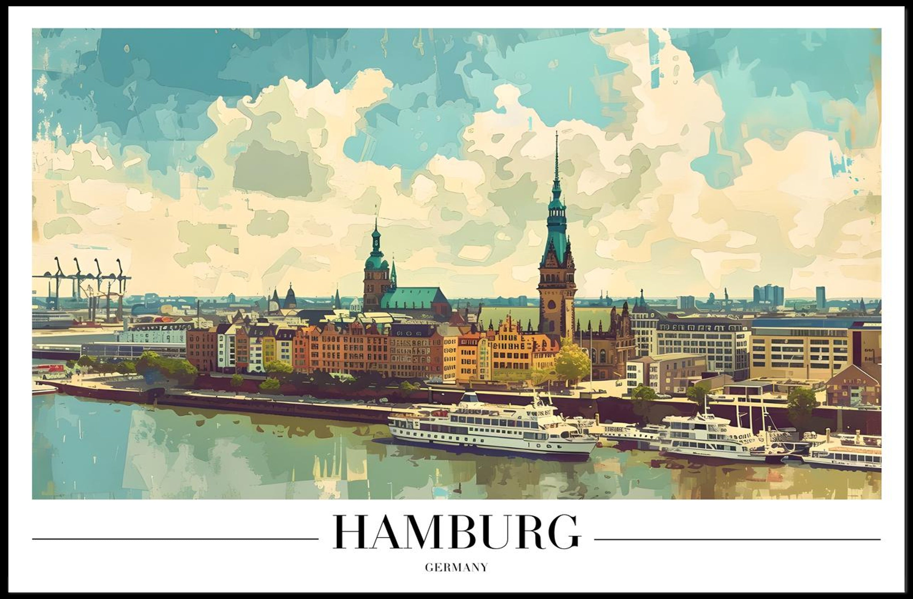 Scenic Hamburg Harbour Vibrant Illustration Urban or Cityscape Poster