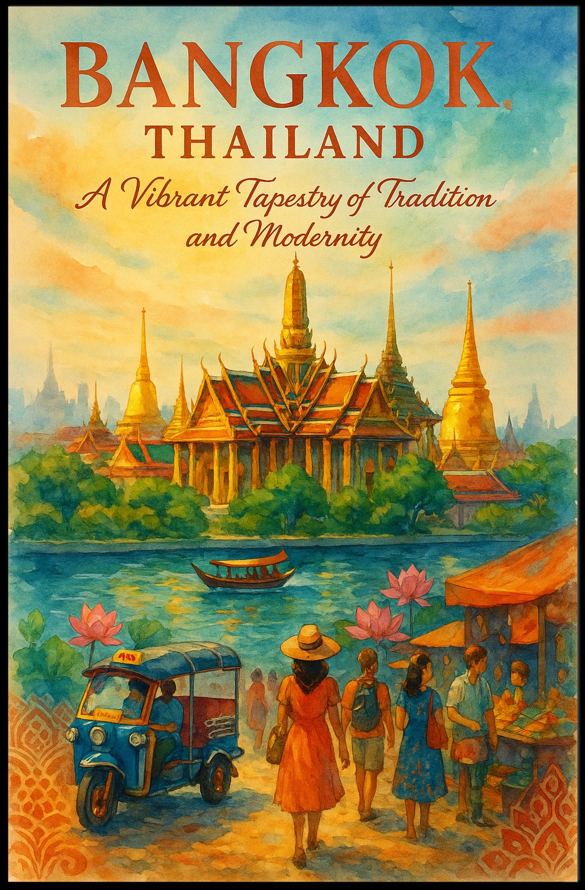 Bangkok Temple Adventure: Vibrant Travel Art Poster