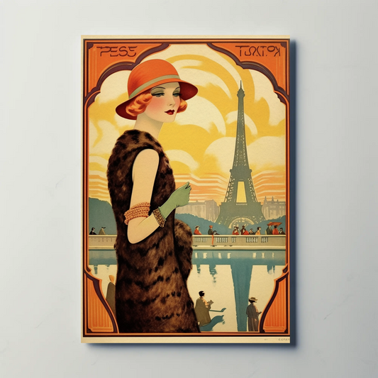 Paris Eiffel Tower Art Deco Lady Fashion Travel Poster