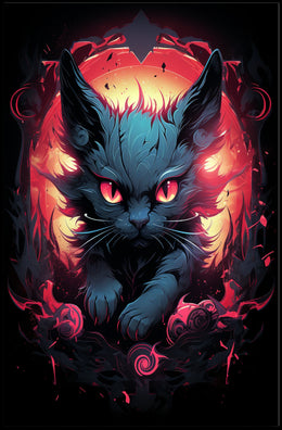 The poster features a striking, surreal illustration of a cat with intense, glowing Travel Poster