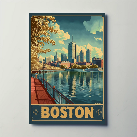 Boston City Skyline Boats River Autumn Travel Poster