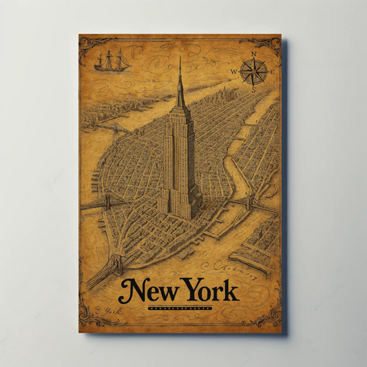 New York Empire State Historic Map Detailed Aerial Travel Poster
