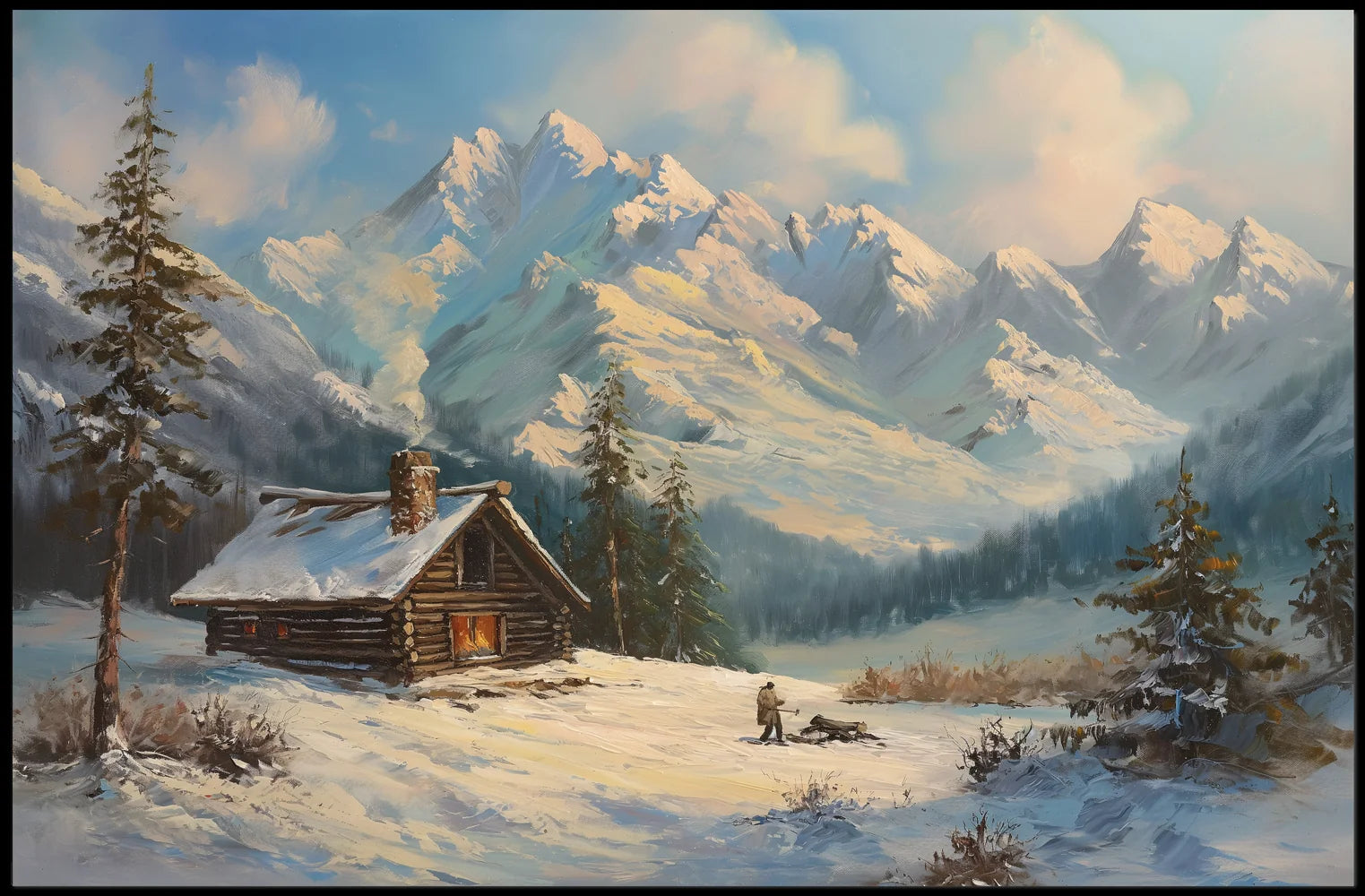 Winter Cabin Retreat: Serene Landscape Art Print