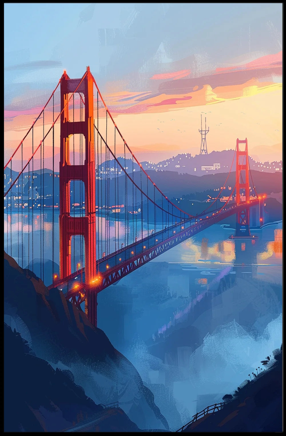 Golden Gate Bridge Twilight Art Poster, San Francisco