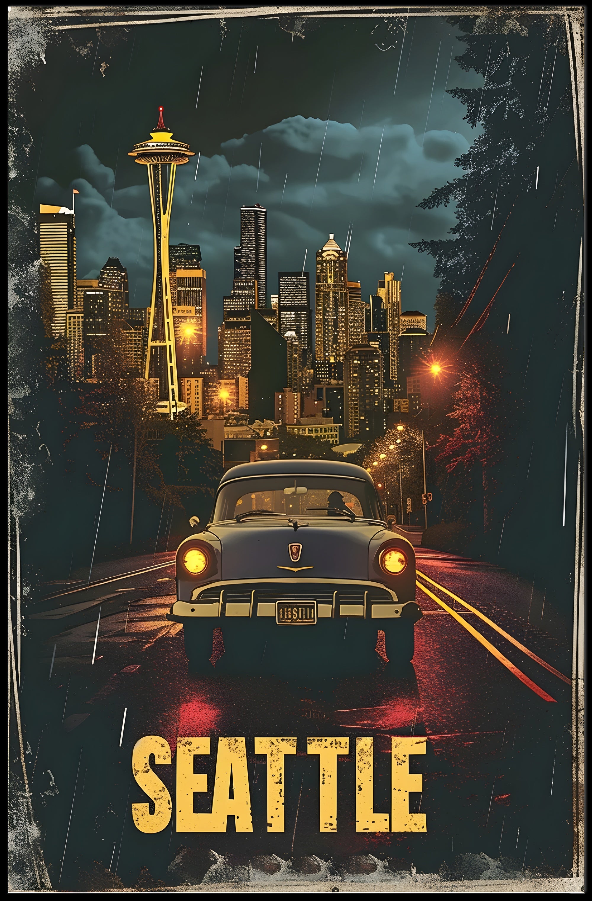 Seattle Space Needle Vintage Night Urban or Cityscape Poster