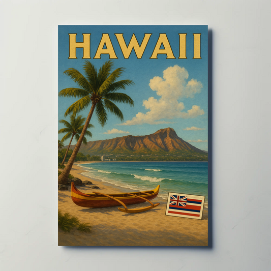 Hawaii Canoe Flag Diamond Head Ocean View Travel Poster