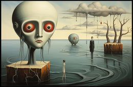 Dreamlike Landscape with Surreal Figures: Futuristic Sci-Fi Poster