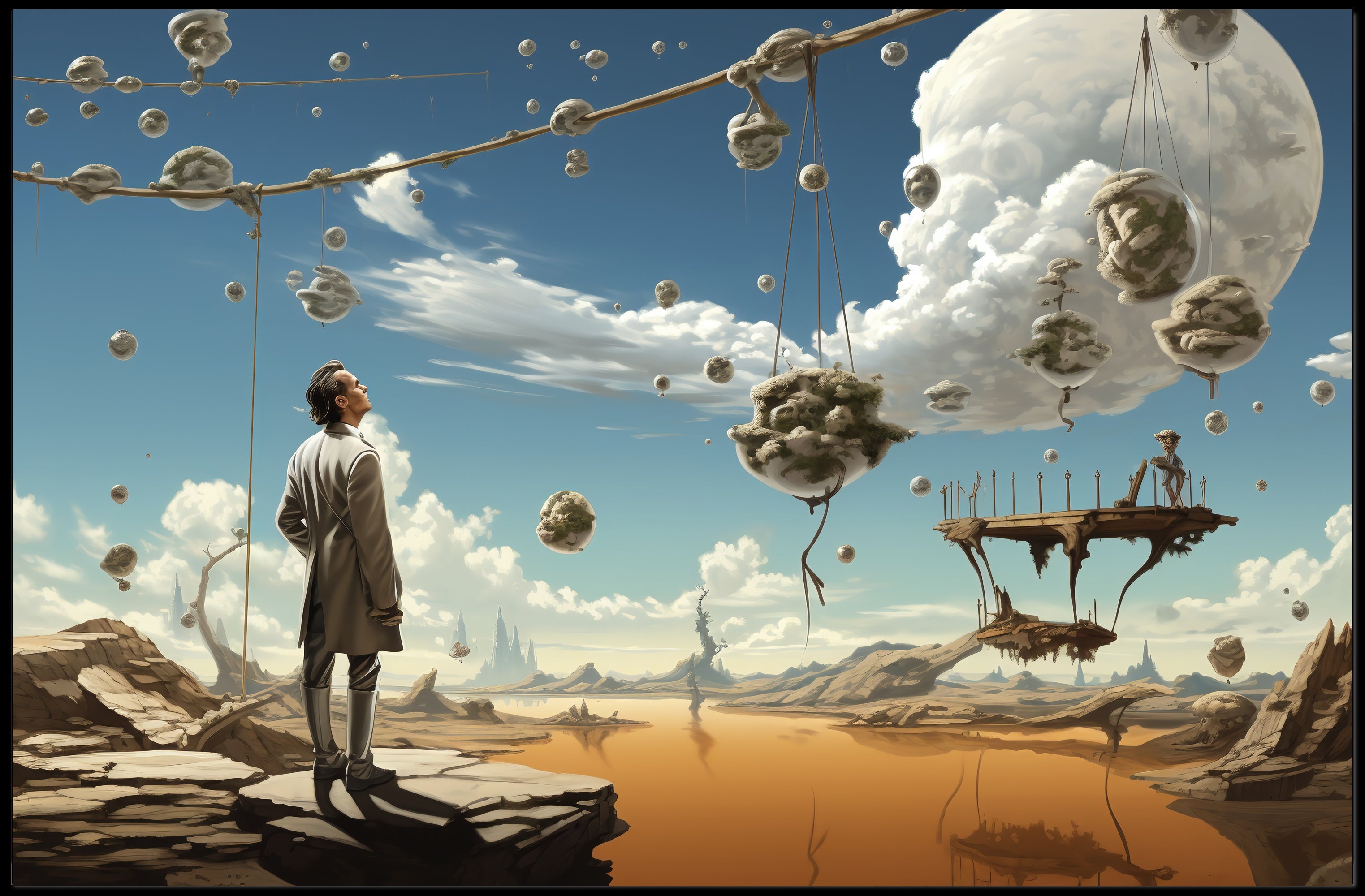 Surreal Fantasy Landscape with Floating Rock Formations Poster