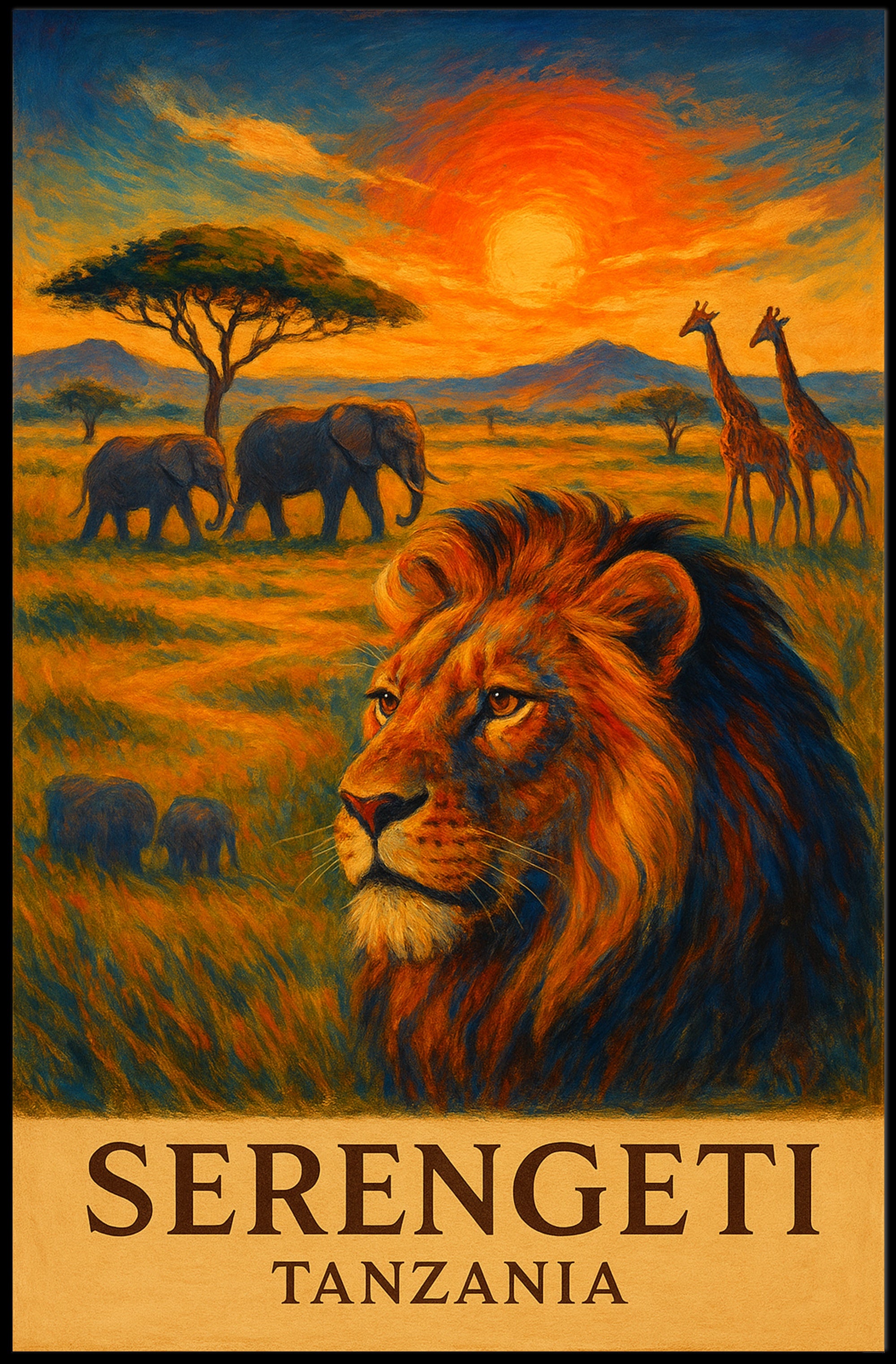 SERENGETI LION AT DUSK TRAVEL POSTER