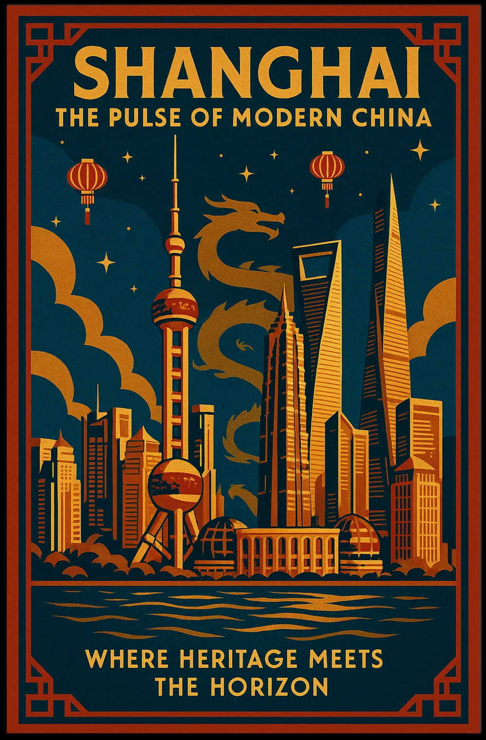 Vibrant Shanghai Cityscape with Dragon Mythology Urban Poster PosterGoat