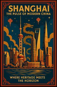 Vibrant Shanghai Cityscape with Dragon Mythology Urban Poster PosterGoat