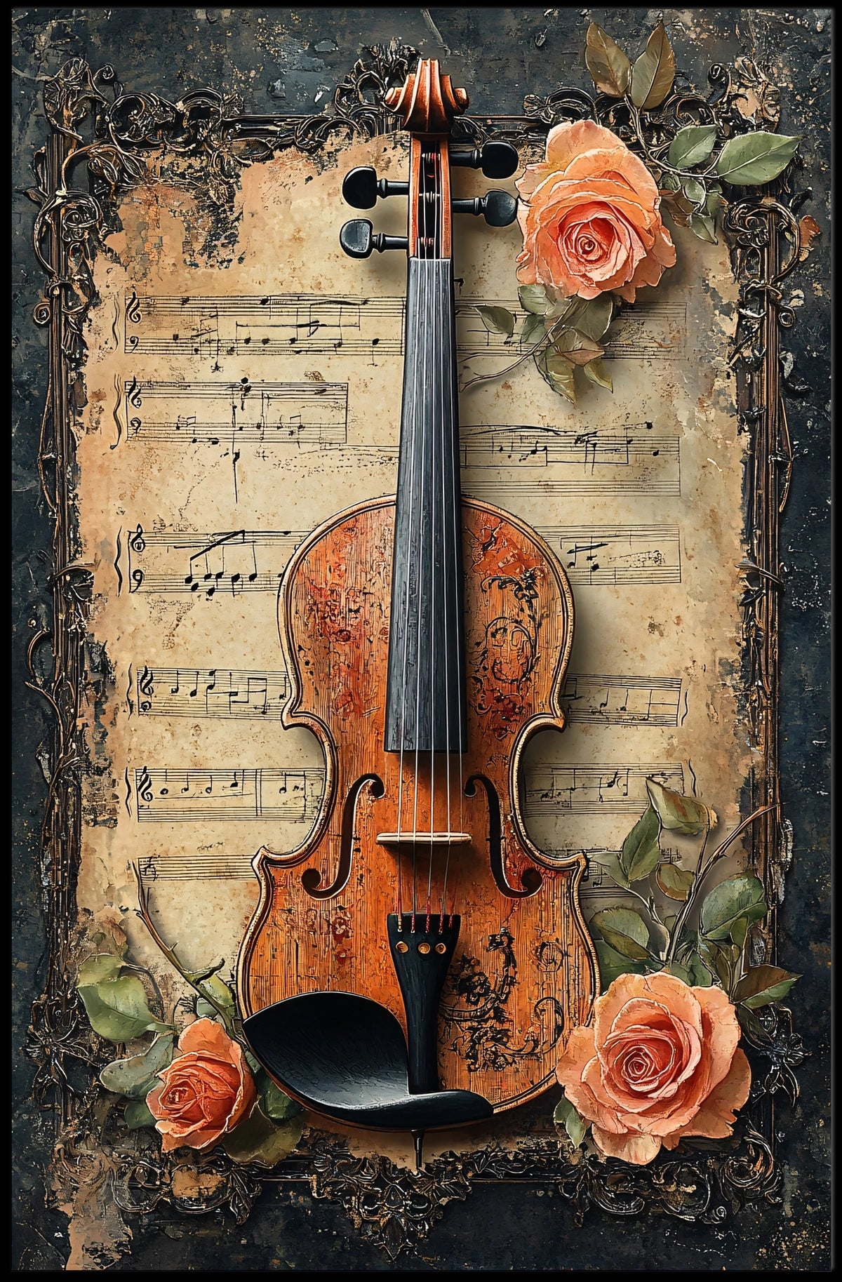 Vintage Violin Illustration, Artistic Poster