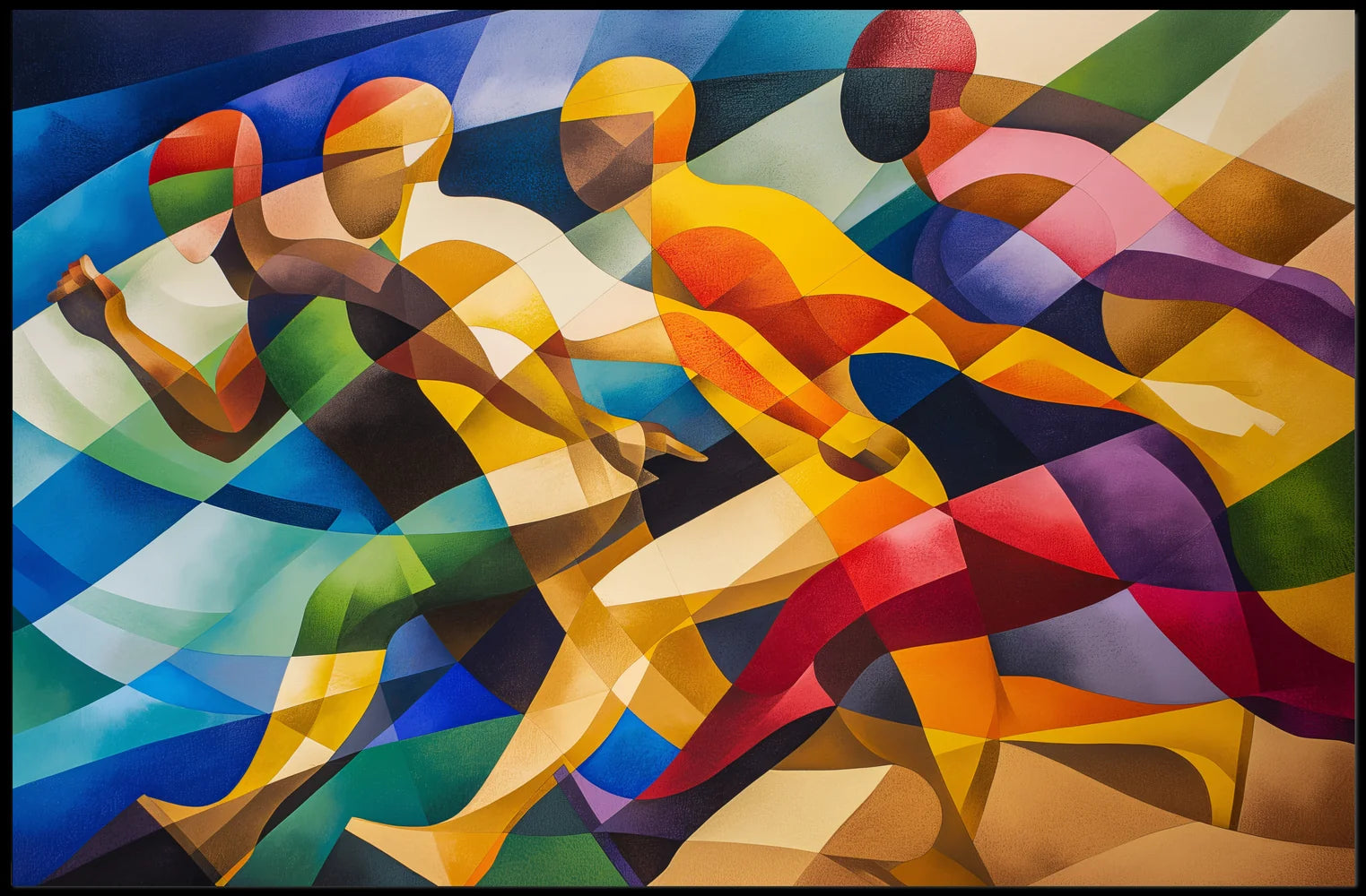 Dynamic Cubist Athletes in Motion Art Poster