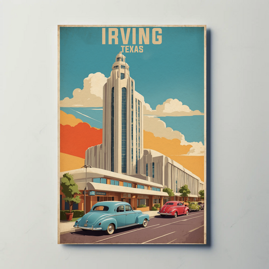 Irving Texas Art Deco Building Cars Retro Vintage Travel Poster