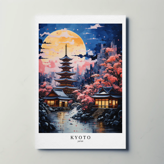 Kyoto Japan Pagoda Moonlight Sakura Cityscape Travel Poster