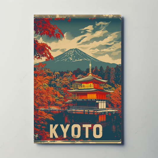 Kyoto Temple Autumn Mount Fuji Travel Poster