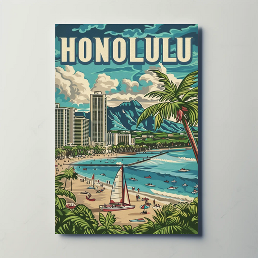 Honolulu Vintage Poster Sailing and Skyscrapers