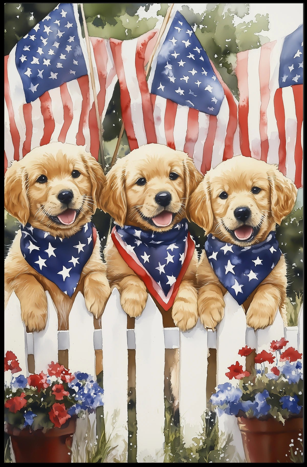 Vibrant Trio Of Golden Retriever Puppies Artwork Poster